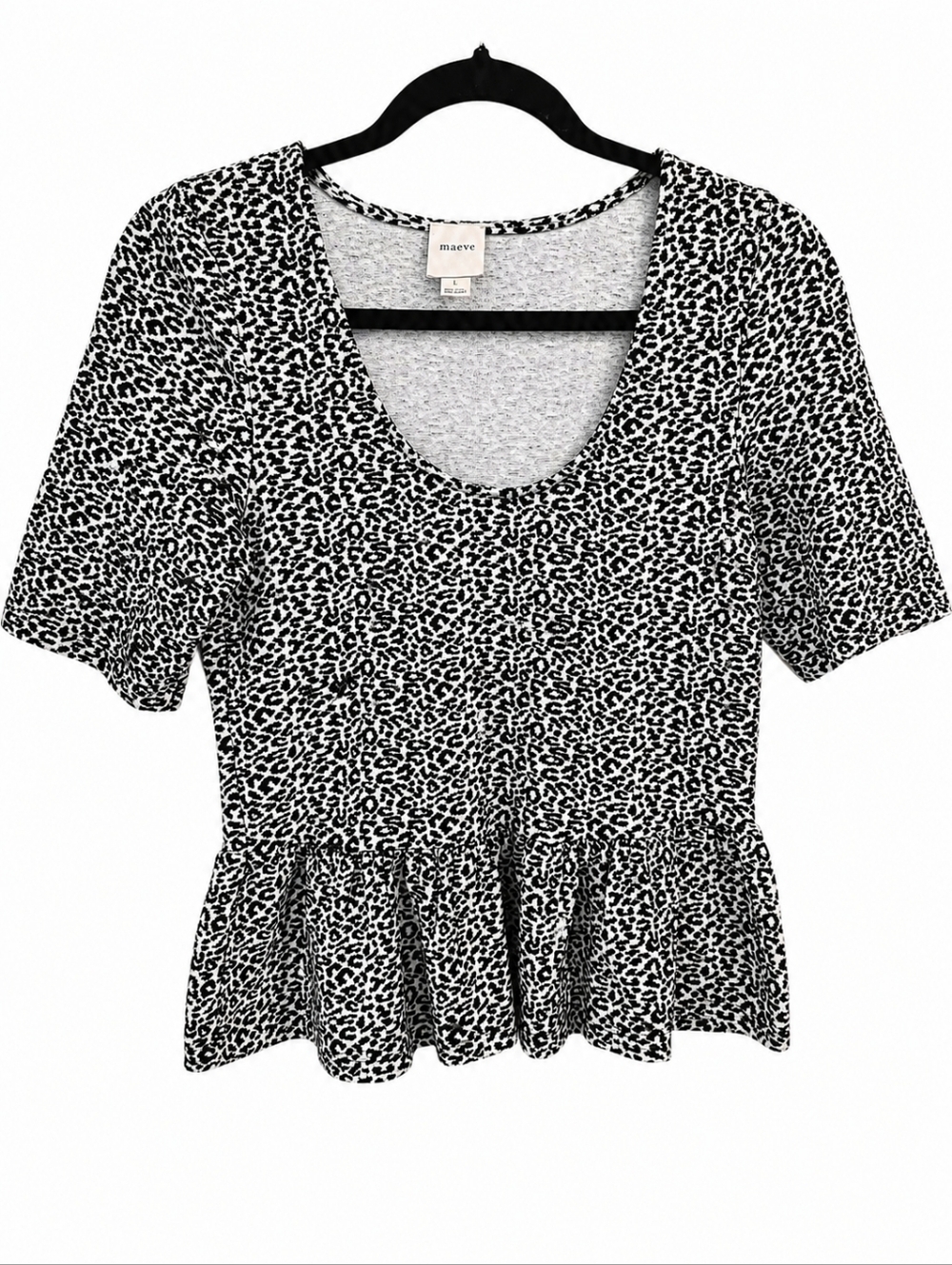 Maeve Leopard Print Peplum Top Black White Short Sleeve Size Large - Picture 2 of 10